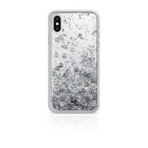 WHITE DIAMONDS APPLE iPHONE X/XS COVER IN TPU E POLICARBONATO TRASPARENTE CON GLITTER FLUTTUANTI MOTIVO PEACE